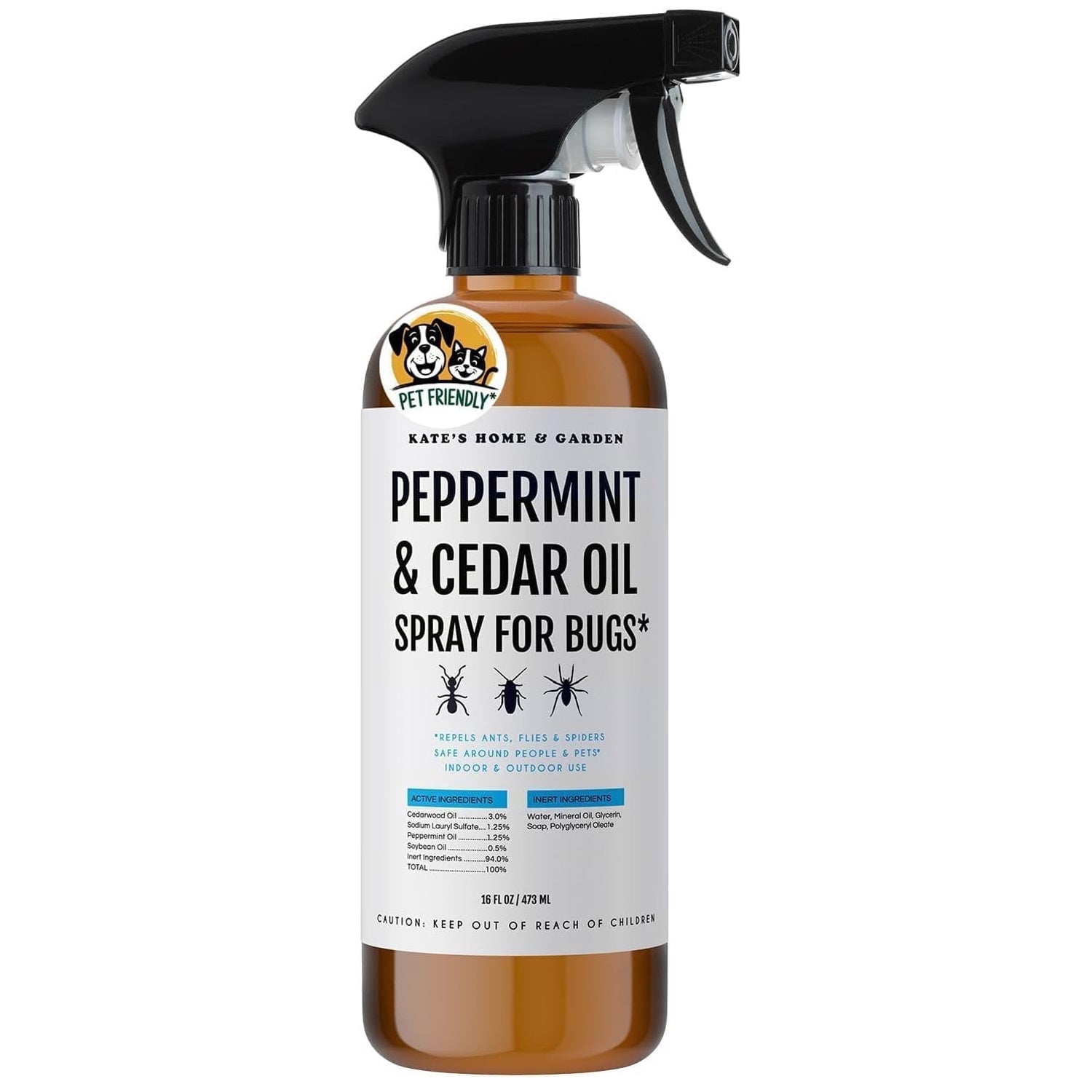 Kate's Home & Garden Peppermint Oil Insect Repellent Spray, 16 oz, Natural Non-Toxic Pest Control for Ants, Bugs, Spiders, Roaches & Stink Bugs with Cedar Oil