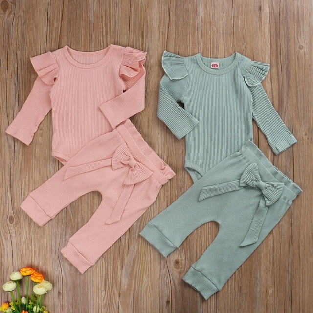 Toddler Kids Baby Girl Autumn Clothes Ruffle Knit Romper Jumpsuit Bow Pants Outfits