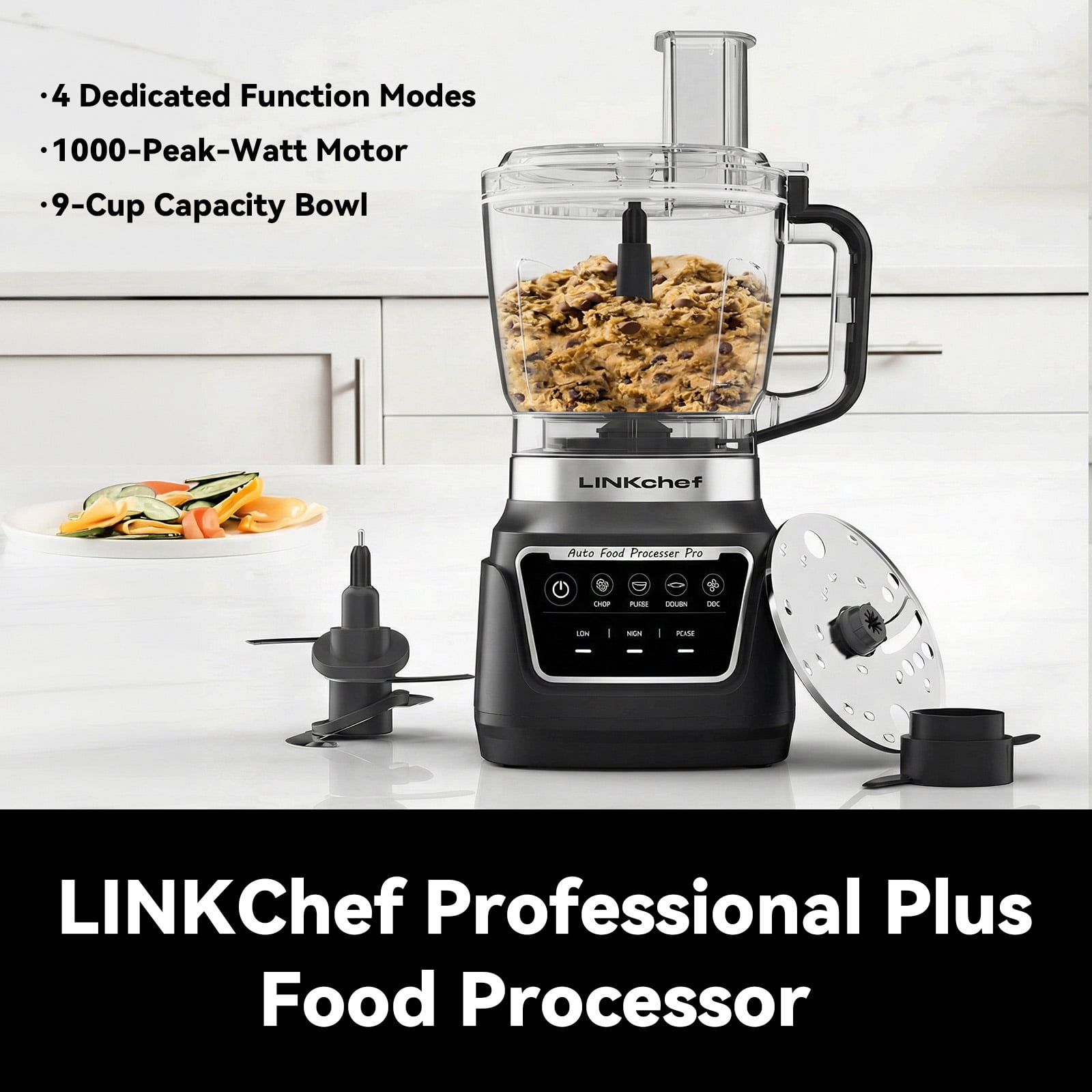 LINKChef 1000W 9-Cup Food Processor & Vegetable Chopper, 4 Presets (Chop, Slice, Puree, Dough), 3-Speed, Slicing/Shredding Disc, Kneading Blade