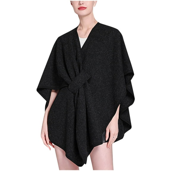 XPMWRP Women's Solid Color Open Front Cardigan Shawls Wrap Solid Color Poncho Ruana Cape Plus Size Knit Wraps for Fall Winter Black Free Size
