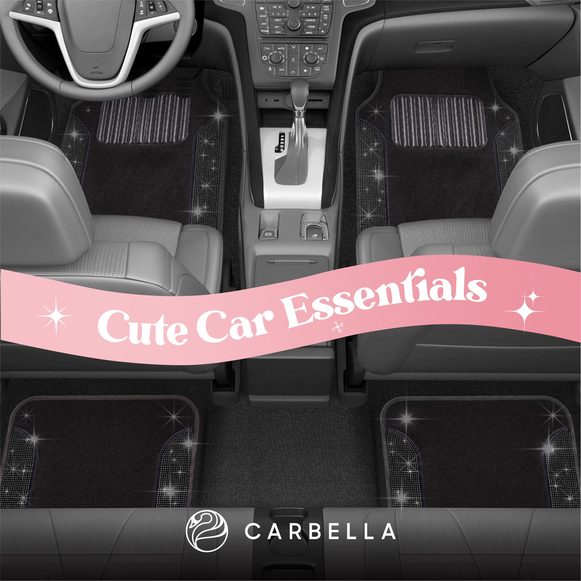 Carbella Diamond Bling Car Mats 4-Piece Set, Shiny Rhinestone Crystal Carpet Car Floor Mats, Two-Tone Floor Mats for Cars, Cute Automotive Interior Car Accessories for Women (Black)