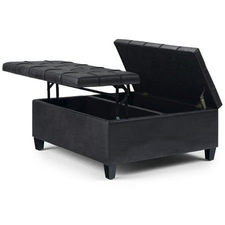 Simpli Home - Harrison 36 inch Wide Transitional Square Coffee Table Storage Ottoman in Faux Leather - Distressed Black