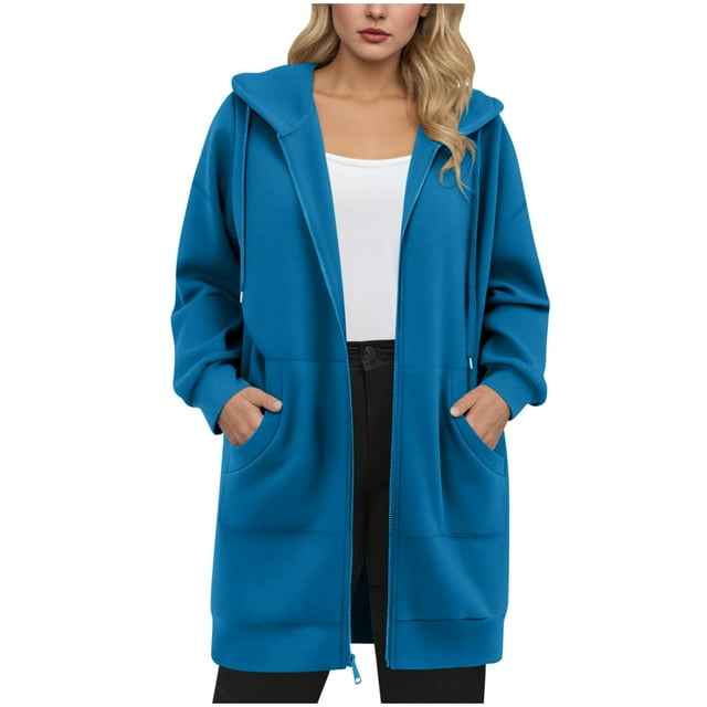 Besolor Womens Plus Size Zip up Hoodies Drawstring Long Sleeve Tunic Sweatshirt Casual Long Jacket with Pockets