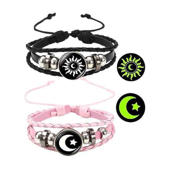 Sun and Moon Matching Couples Bracelets, Glow in the Dark Luminous Braided Leather Relationship Bracelets for Boyfriend Girlfriend, Adjustable Friendship Jewelry Gift Set