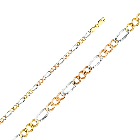 14k Tri Gold 4.6mm Concave Solid Figaro Pave Chain Link Necklace 20" Jewelry Female Unisex