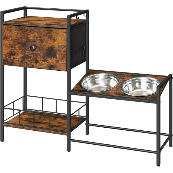 Elevated Dog Bowl Stand with 2 Stainless Steel Bowls, Raised Dog Bowl with 3 Heights Adjustable, Dog Food Storage with Dog Toy Basket and Shelves for Large Dog, Rustic Brown and Black