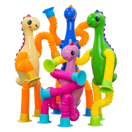 Pop Tubes Dinosaur Fidget Toys for Kids 4 pack Fidget Sensory Stretchy Toys Telescopic Suction Cup Toy for Stress and Anxiety Relief Christmas Stocking Stuffers Gifts for Toddlers Age 3-9