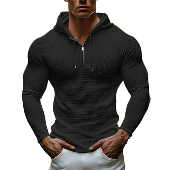 Xzbqbs Men's Knit Hoodies Casual Quarter Zip Muscle Fit Drawstring Pullover Tops Fashion Solid Color Lightweight Sweatshirts
