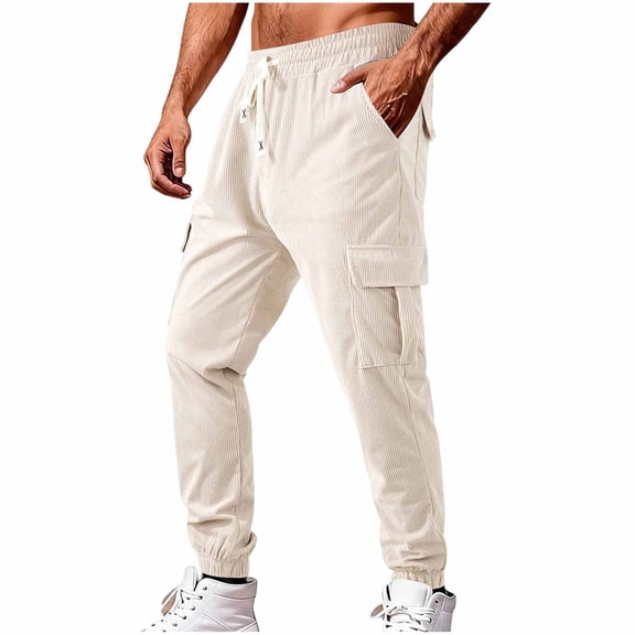 LMOIPLI Men's Corduroy Cargo Jogger Pants Elastic Drawstring Waist Multi Pocket Tapered Casual Streetwear Trousers Khaki M