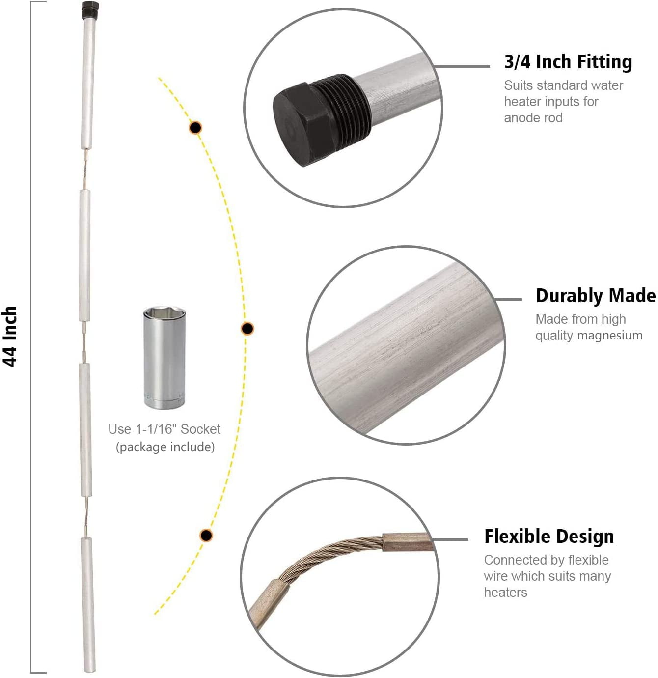 EastVita Magnesium Anode Rod44 Flexible Water Heater Anode RodFit for  Rheem Reliance Richmond Kenmore State GE0.8 Diameter u0026 3/4 NPT Thread -  Walmart.com