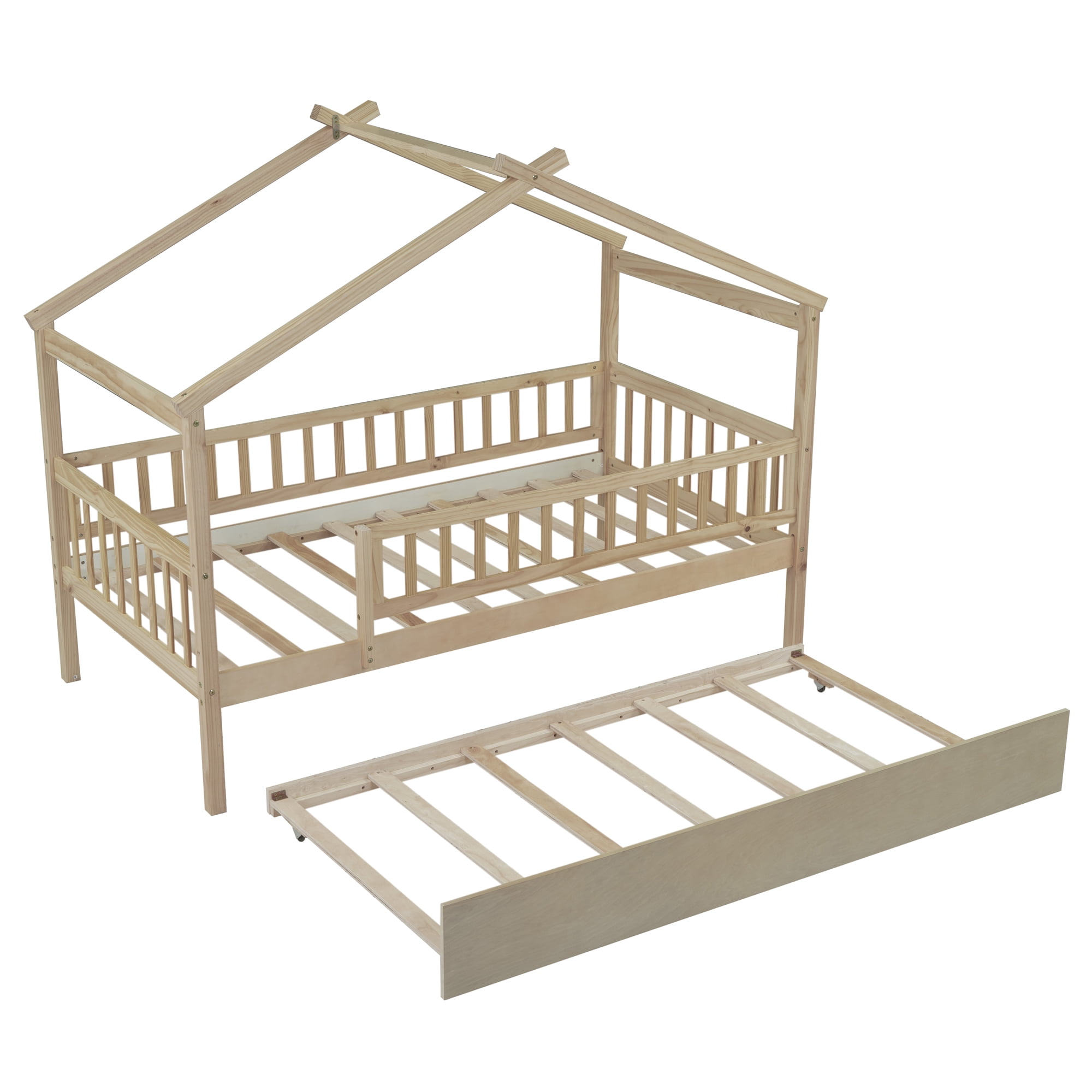 Holaki Twin Size Wood House Bed with Trundle and Guardrails for Kids, Natural