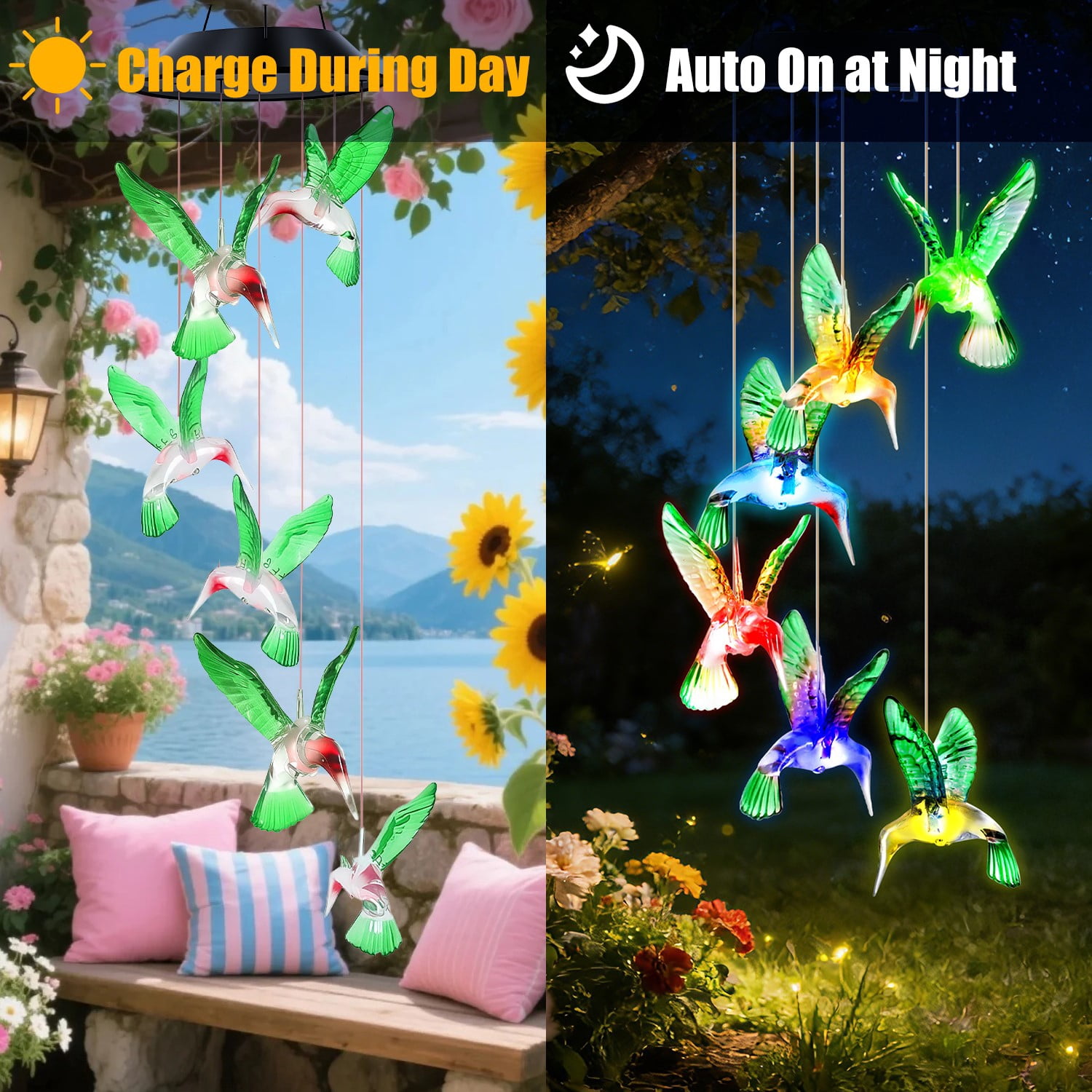 2PCS Hummingbird Solar Wind Chimes with Color Changing LED Lights, Waterproof Solar Powered Wind Chime for Outdoor Garden Patio Balcony Porch Home Decor, Ideal Gift for Mom Women Christmas