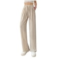thumbnail image 2 of Women's Ice Silk Wide Leg Pants, Straight Leg Summer Pants with Drawstring Elastic Waist, Solid Color Breathable Casual Trousers for Hot Weather and Daily Wear-Beige, 2 of 4