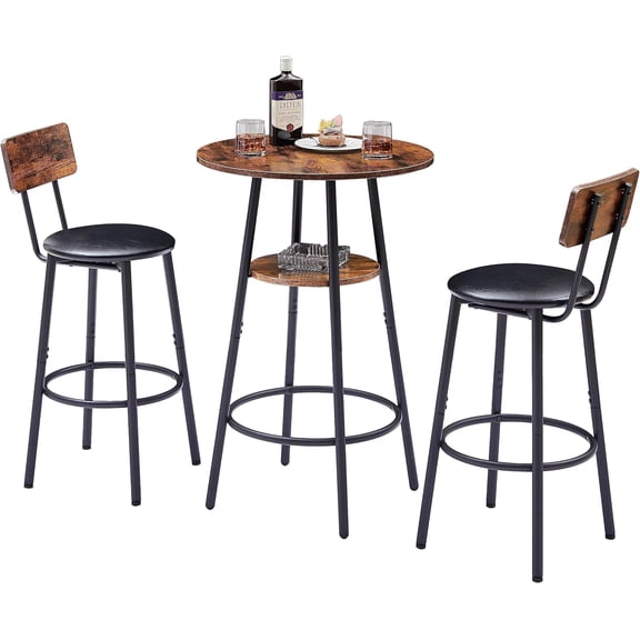 Bar Table and 2 Chairs Set, Industrial Pub Table with Square or Round Top, PU Upholstered Stools with Backrest, 3-Piece Dining Set for Home Bar