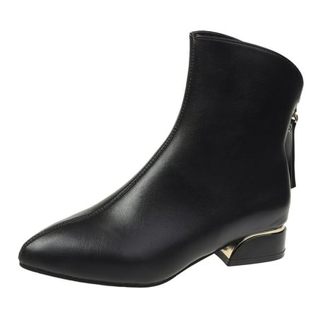 

Mackneog Women Artificial Solid Color Autumn Thick Sole Square Heels Zipper Short Booties Pointed Toe Shoes Gift on Clearance