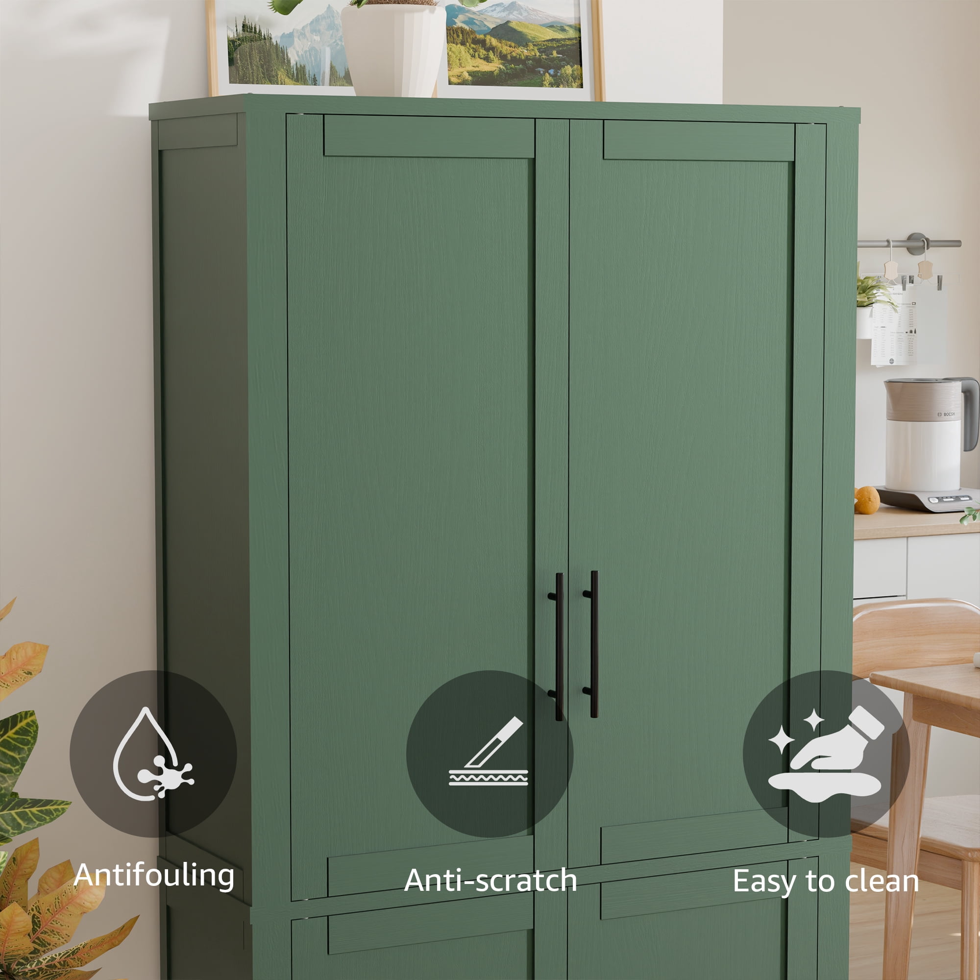 MAYEERTY 67x28x15 Inch Green Wood Grain 4-Door Storage Cabinet with Solid Wood Door