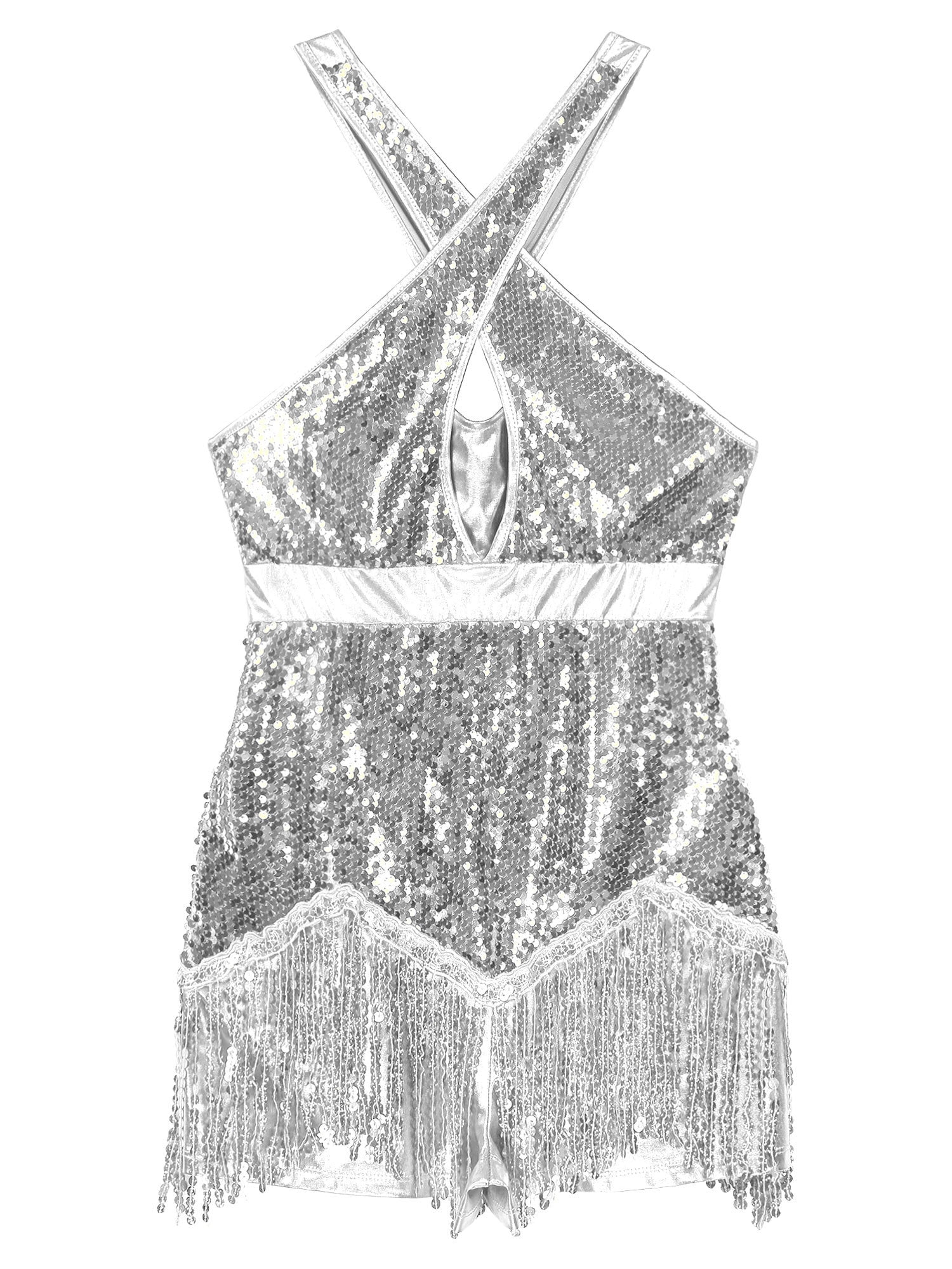 DPOIS Women's Sequin Fringe Tassel Skirted Leotards Jazz Dance Bodysuit  Costume Gold XL 