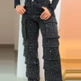 thumbnail image 4 of 1. Women's Rhinestone-Embellished Wide Leg Jeans with Stretch Waist & Multi Pockets Cargo Trousers, 4 of 8
