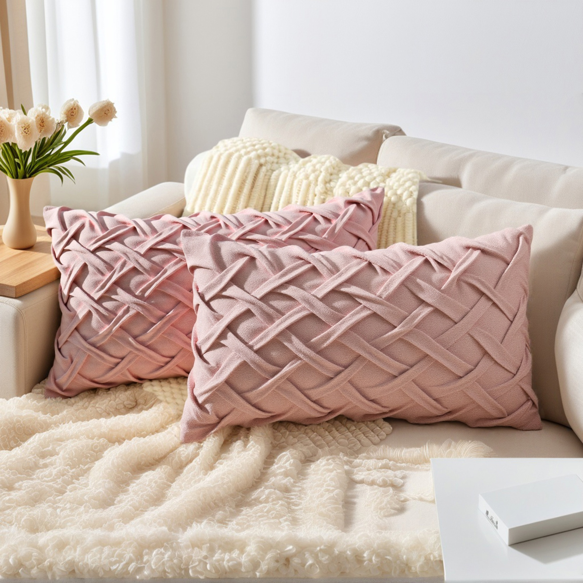 Unique Bargains Pack of 2 Soft Solid 3D Weaving Throw Pillow Covers Pink 20" x 12"
