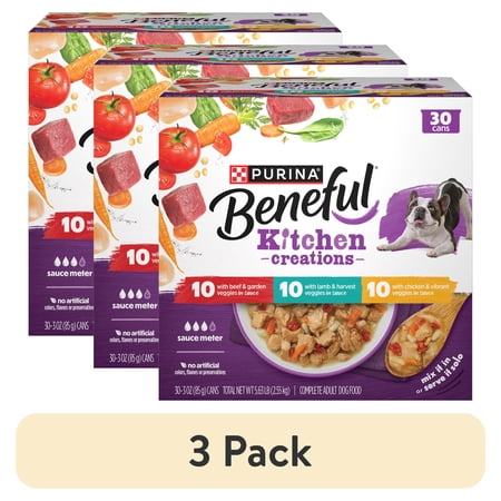 (3 pack) Purina Beneful Kitchen Creations With Beef, Chicken, or Lamb Wet Dog Food Variety Pack, 3 oz Cans (30 Pack)
