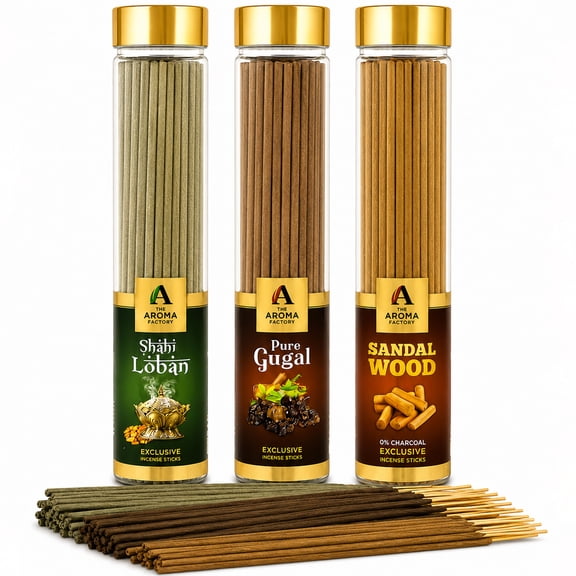 The Aroma Factory Incense Sticks Combo Pack 3 Fragrances (Shahi Loban, Gugal, Sandal Wood) 100g Each – Essential Oil Based, No Charcoal, Non Toxic, 100% Herbal, No Black Smoke
