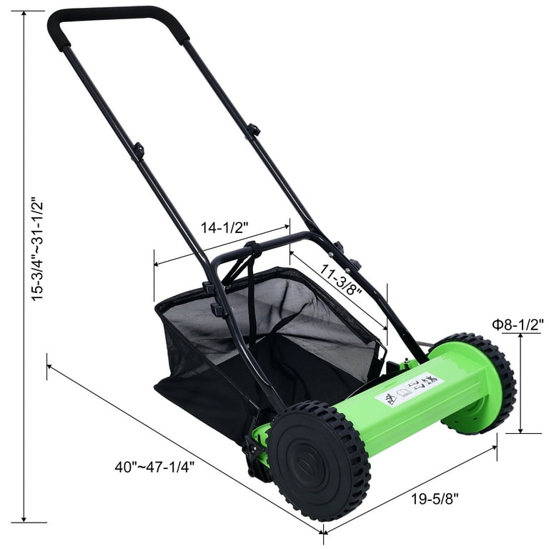 Seizeen Push Lawn Mower 14 Inch 5 Blade Reel Lawn Mover with Grass Catcher 0.6 1.8 Height Adjustable Manual Lawn Mower with Bag Green
