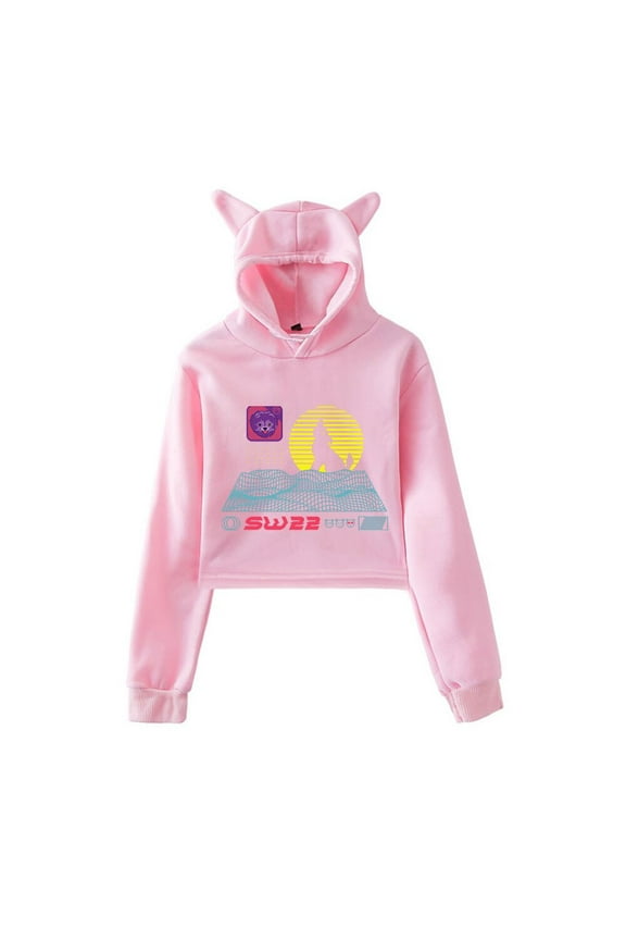 SssniperWolf Synthwave Cat Ear Hoodie Sexy Women Cropped Pullovers for Girls Cat Ear Crop Top