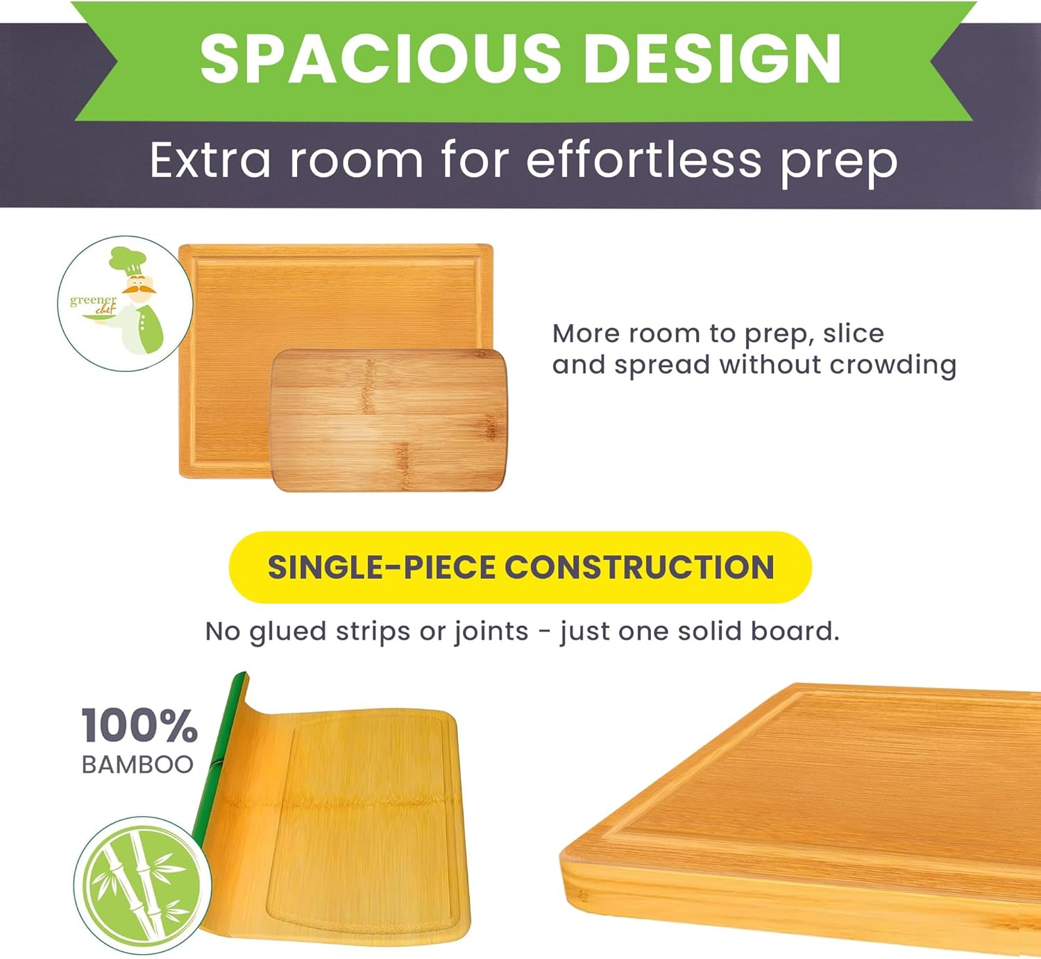 Greener Chef Luxury Bamboo Cutting Board Set of 3, Glue-Free Surface Technology, Extra Spacious XL Wood Kitchen Chopping Boards, Lifetime Replacement