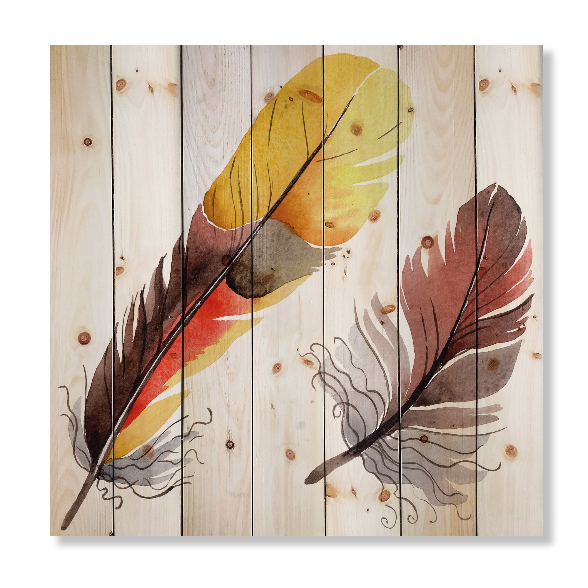 Designart 'Colourful Boho Art Feathers IV' Bohemian & Eclectic Print on Natural Pine Wood