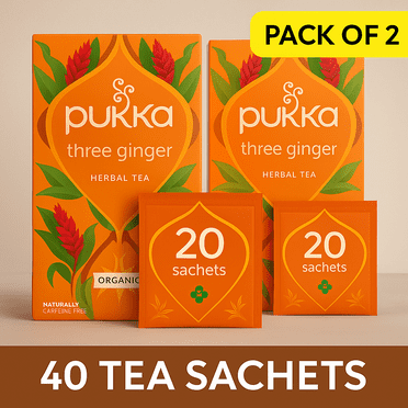 Pukka Three Ginger Herbal Tea Bags, Organic, Naturally Caffeine-Free, 20 Count Each, Pack of 2, Total 40 Tea Bags
