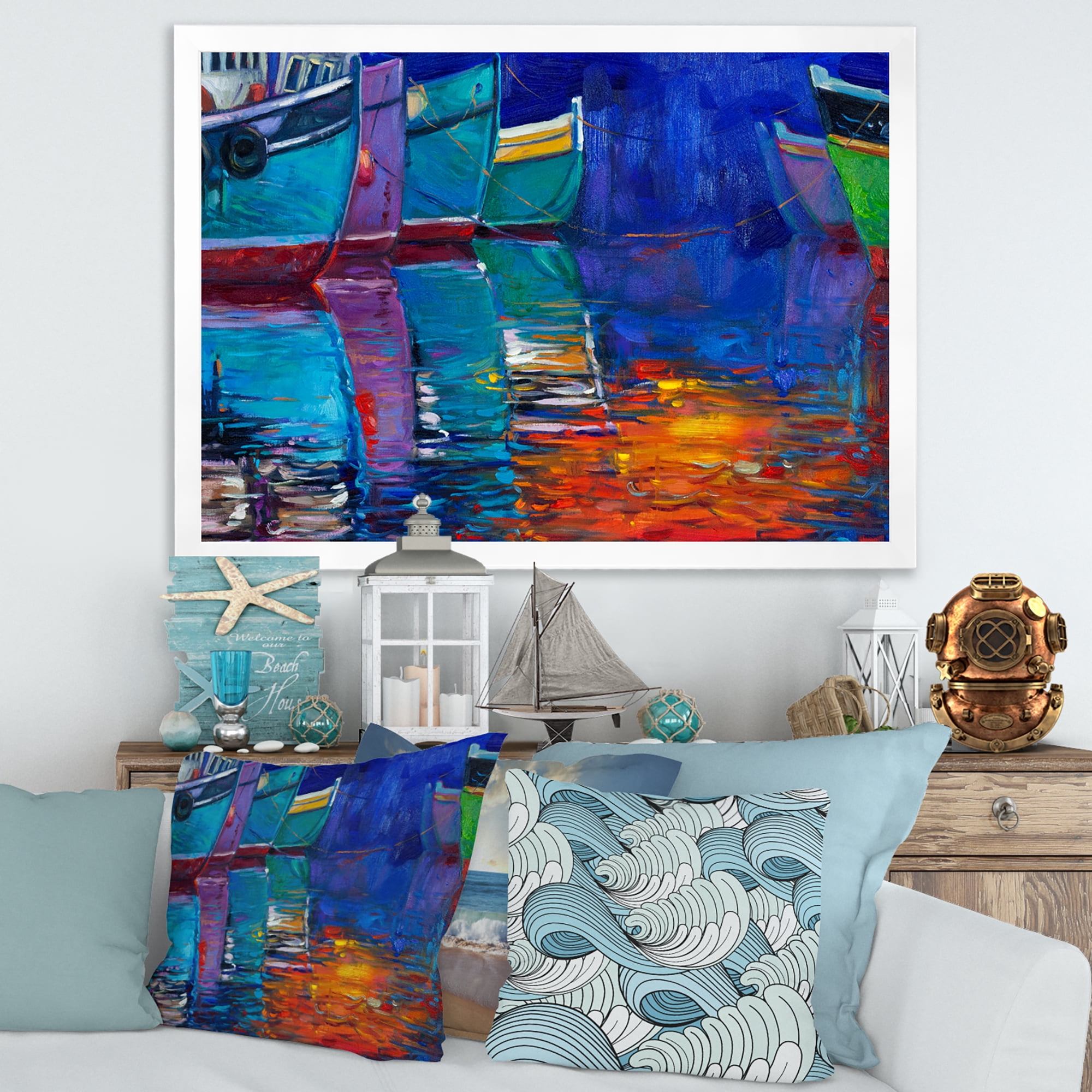 Boats During Warm Sunset Resting On The Water I 20 in x 12 in Framed Painting Canvas Art Print, by Designart