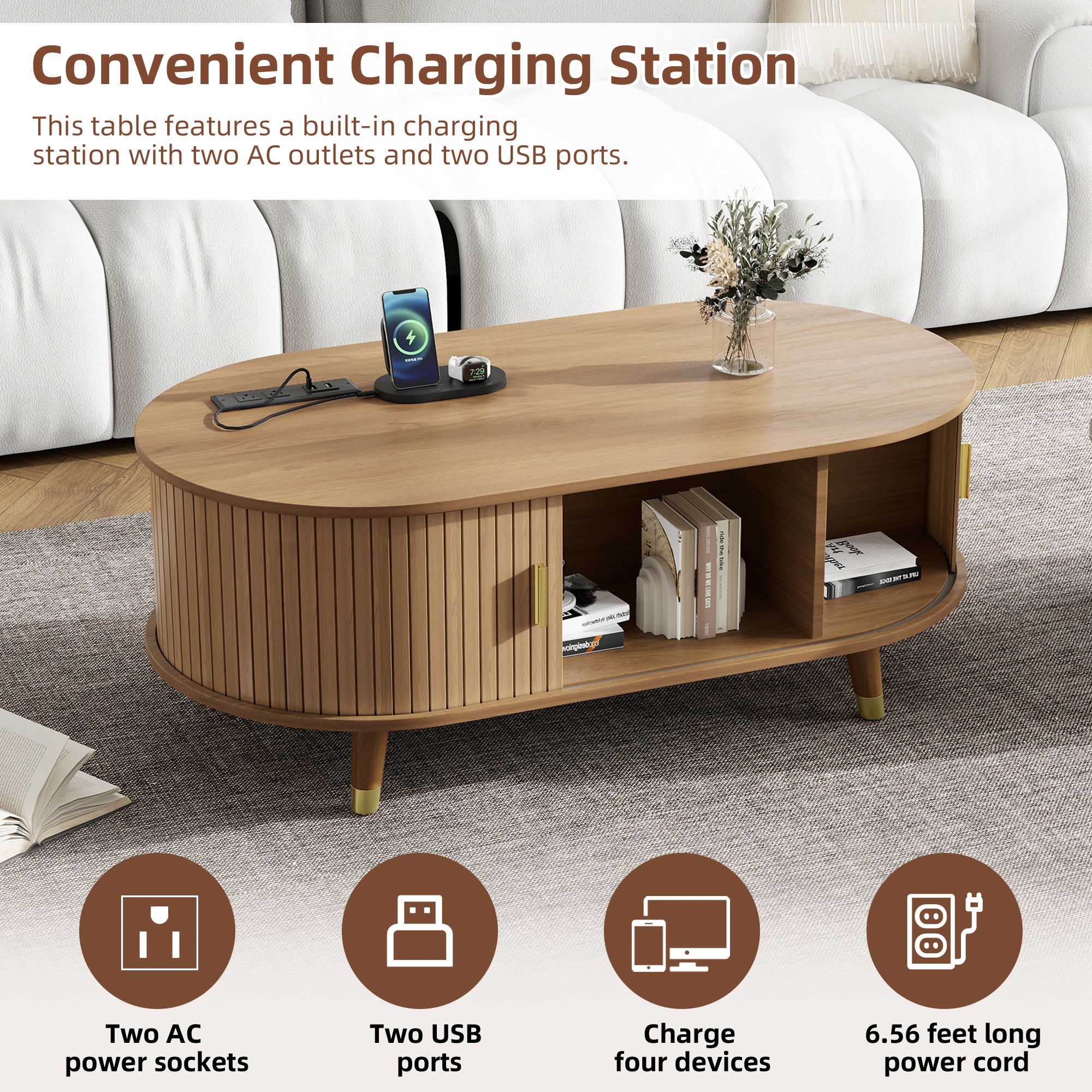 Euroco 42.5"W Wooden Oval Fluted Coffee Table with Charging Station, Mid-Century Center Table with Sliding Tambour Door,Farmhouse Cocktail Table for Living Room, Natural/Teak