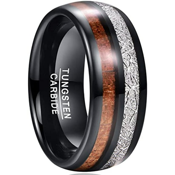 8mm Black Mens Tungsten Ring Wood and Silver Imitated Meteorite Inlay Wedding Bands Dome Style
