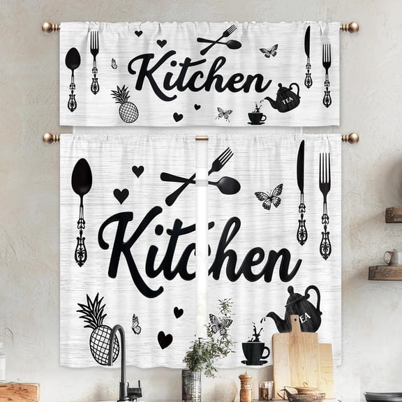 Black and White Kitchen Curtains Sets 3pcs 36 Inch Fork Spoon Short Curtains and Valance Sets Rustic Farmhouse Country Small Cafe 3 Panels Window Treatment Set for Living Bedroom Room Decor