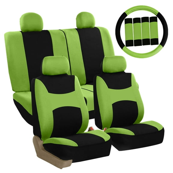 FH Group Light & Breezy Seat Covers for Auto, 4 Headrests Full Seat with Steering/Belt Pad Cover, Green and Black