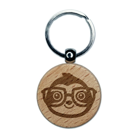 Sloth Smart with Glasses Round Keychain Charm Tag - Engraved Wood