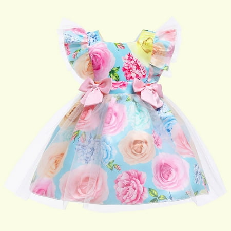 

TUWABEII Baby Girls Dress Toddler Net Yarn Flowers Mesh Print Bow Ruffles Birthday Party Gown Longes