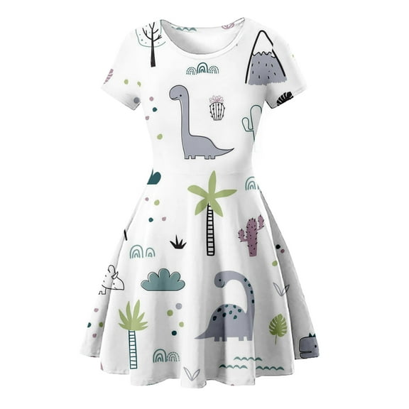 WhouRiu Toddler Girls Dress Summer Cartoon Dinosaur Prints Ruffle Sleeve Dress Kids Girls Fashion A-Line Midi Sundress White,Sizes 2-3