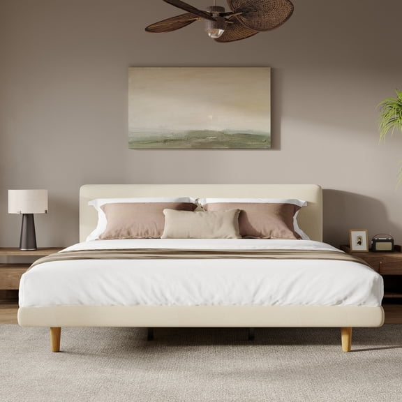 Christopher Knight Home King Bed Frame with Chunky Upholstered Headboard, Solid Wood Legs, Beige