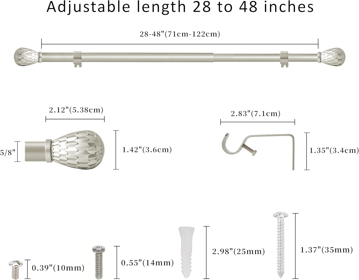 eTeckram 5/8" Single Curtain Rod with Brun Finials,Pewter,28‘’-48‘’