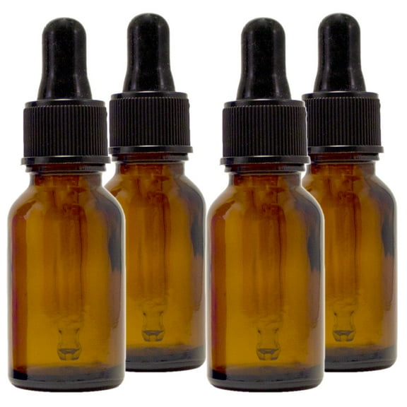 Amber Glass Bottle - 15 ml (1/2 fl oz) w/ Glass Dropper - Pack of 4