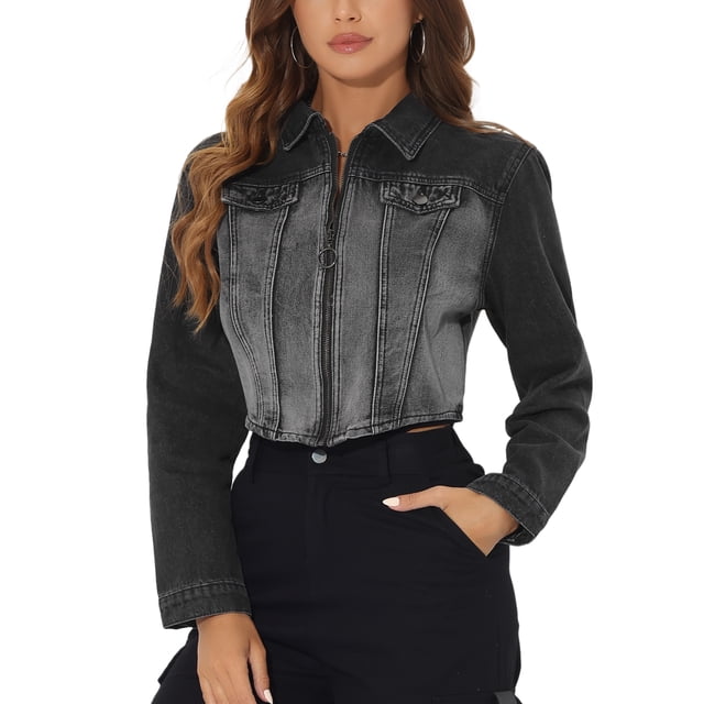 Chaqueta de mezclilla INSPIRE CHIC para mujeres, casual, con cierre de cremallera, estilo cropped, chaquetas de mezclilla lavadas, negra, XS