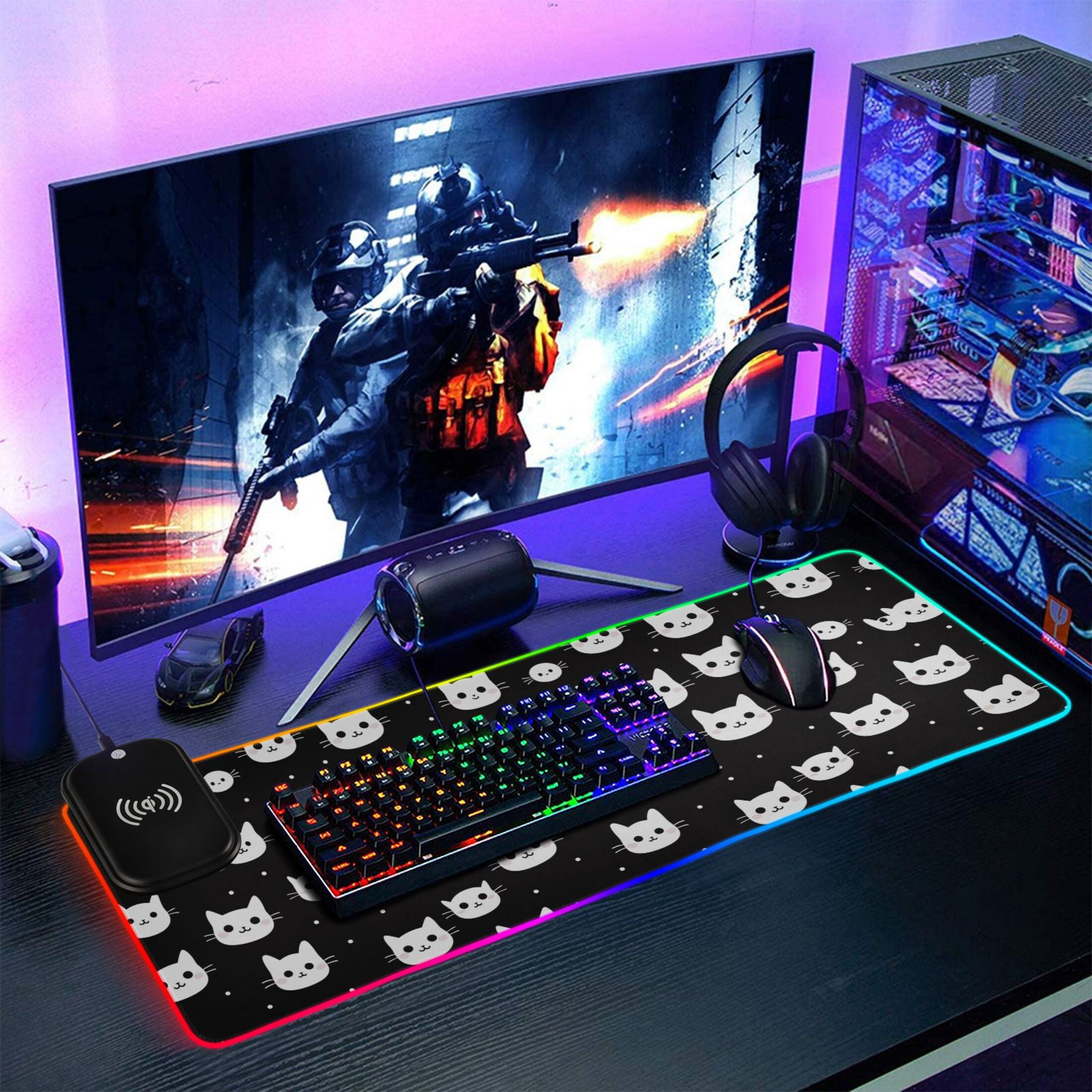 Wireless Charging Mouse Pad Large RGB Gaming Desk Mat 13 Light Modes Mousepad 35.4x15.7 Cat Glad Face