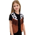 thumbnail image 2 of Mufeng Kids Halloween Cowboy Cowgirl Vest Boys Girls Sleeveless Cow Print Fringed Waistcoat Brown 14, 2 of 7