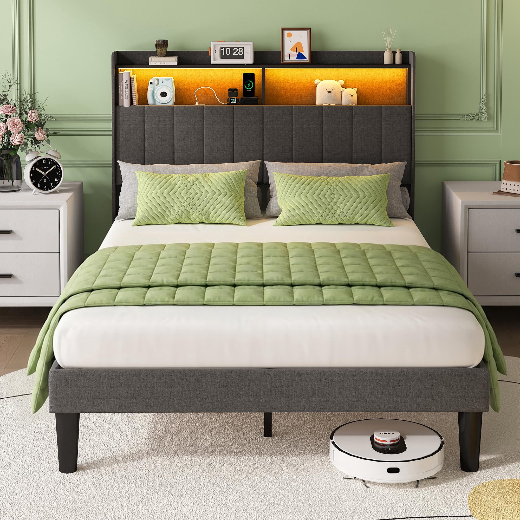 Full Upholstered Platform Bed Frame with RGB LED Ambiance Light & USB Charging Port, Storage Headboard Reinforced Support Design, Beige