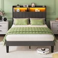 thumbnail image 4 of Full Upholstered Platform Bed Frame with RGB LED Ambiance Light & USB Charging Port, Storage Headboard Reinforced Support Design, Beige, 4 of 8