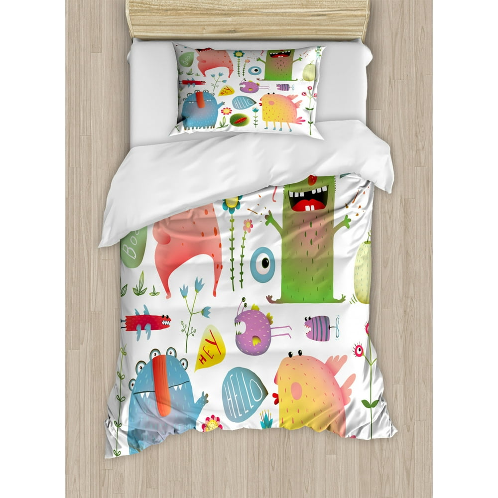 Monster Duvet Cover Set Twin Size, Cute Alien Creatures Laughing Design