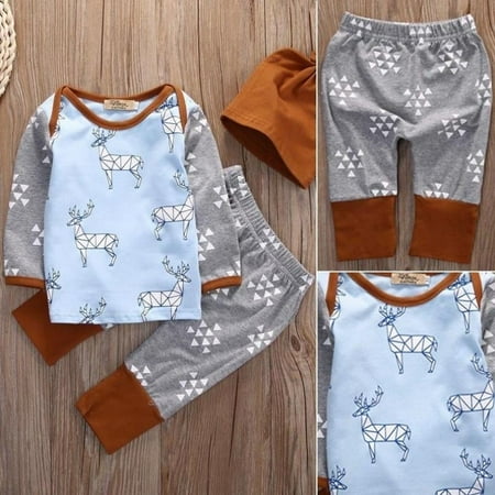 

Newborn Baby Girls Boys T-shirt+Pants Hat 3PCS Outfits Deer Pajamas Clothes Set