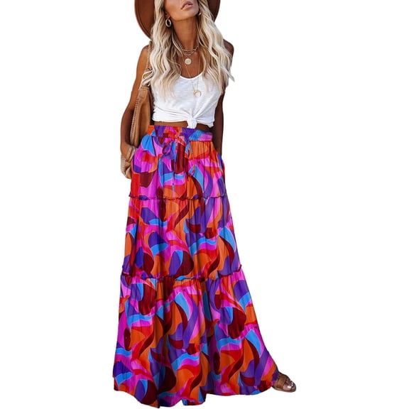 Women's casual high waist tie printed long maxi skirt,
