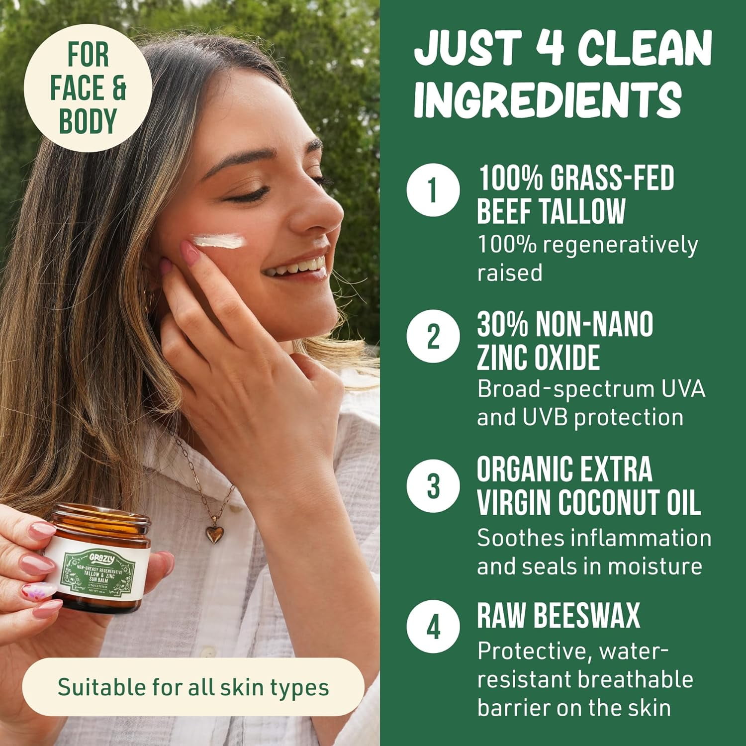 Grazly Beef Tallow Sunscreen SPF 35 – Unscented Water Resistant Zinc Sun Balm, Non-Greasy Natural Sunscreen for Face & Body – 4 Natural Ingredients: Zinc, Organic Coconut Oil, Beeswax - 1.8 oz